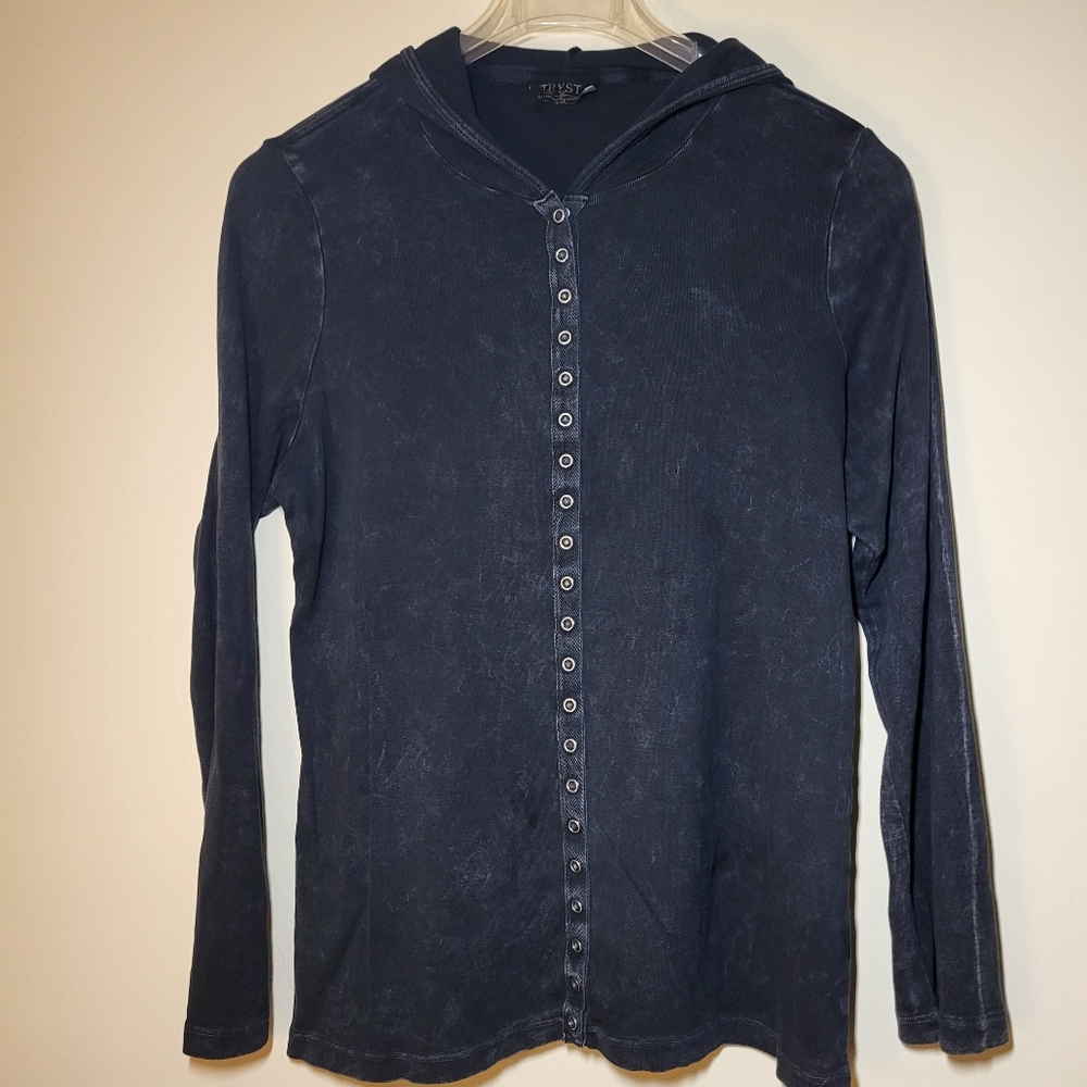 TRYST Vintage Lightweight Distressed Black Button Down Hoodie